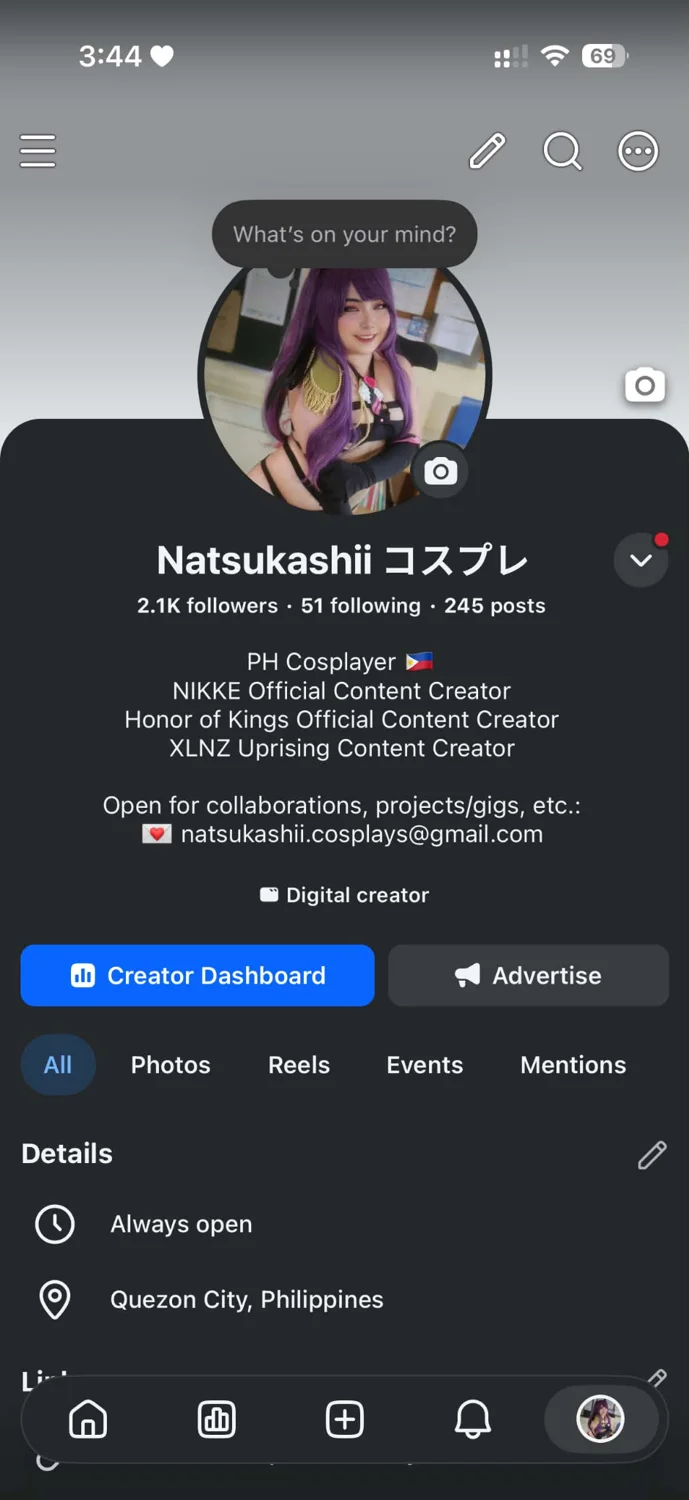 Facebook creator profile screenshot