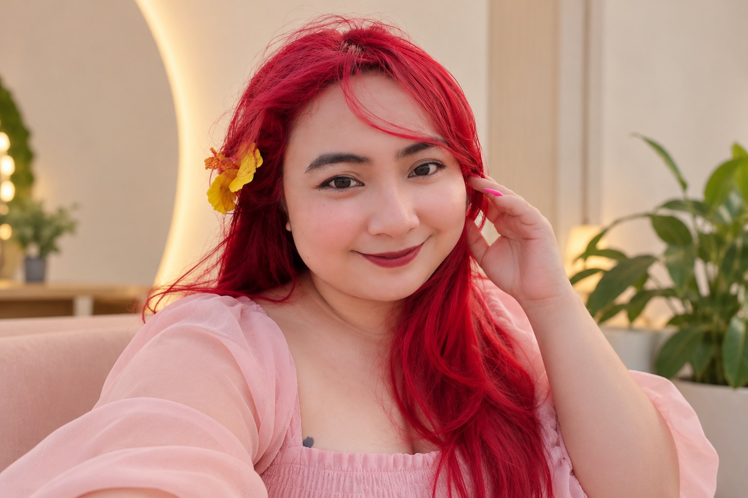 Graziel wearing a pink blouse with a yellow flower in her hair