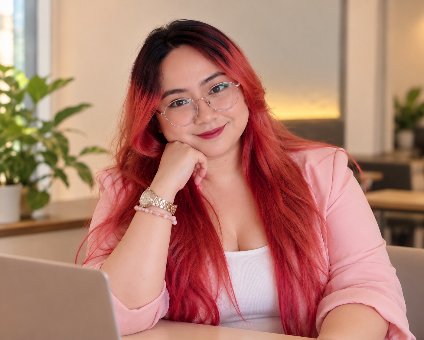 Graziel at her laptop in a pink blazer