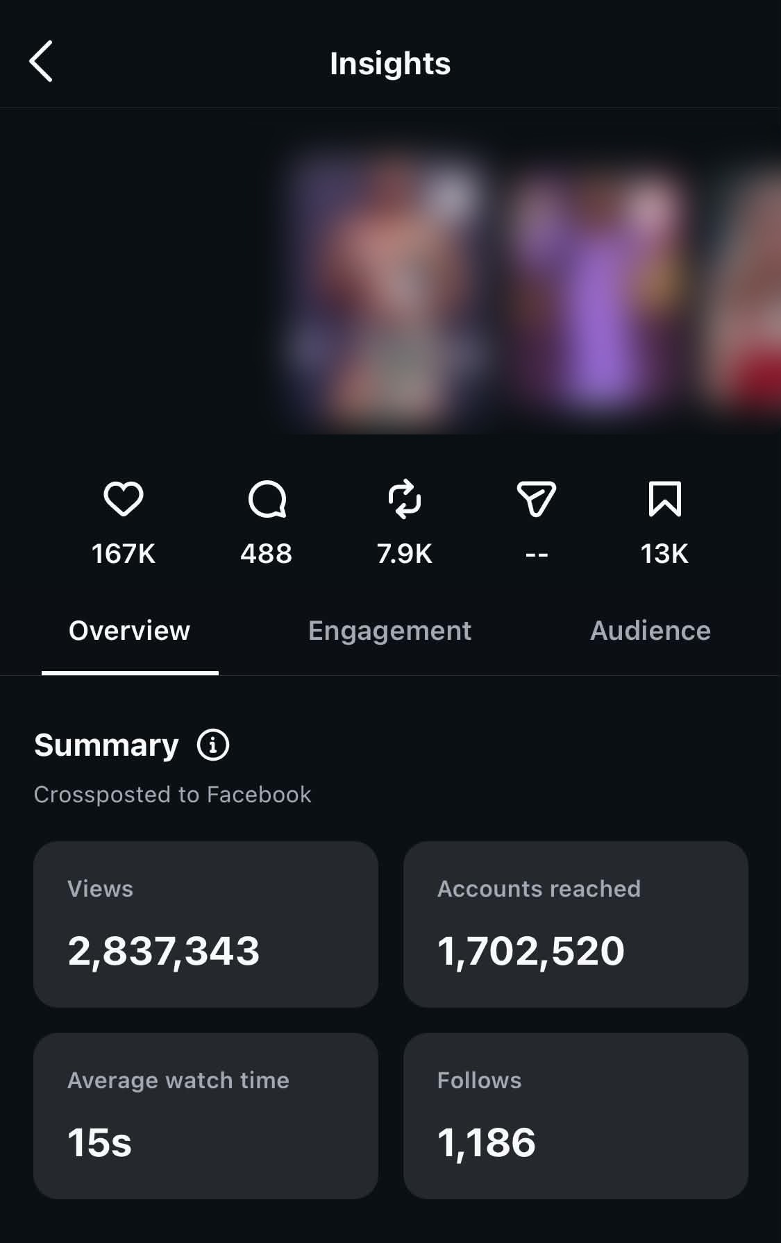 Reel insights screenshot showing 2,837,343 views and 1,702,520 accounts reached